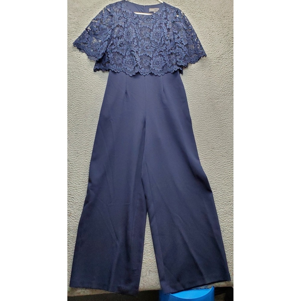 Donna Ricco Jumpsuit Womens 8 Navy Stretch Lace Overlay Formal Party Wide Leg